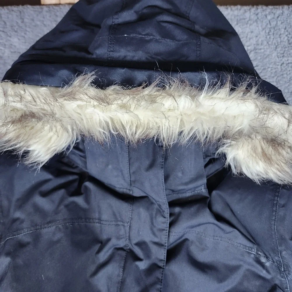 LL Bean Baxter State Parka Jacket Womens Medium Blue Hooded Faux Fur Trim Winter